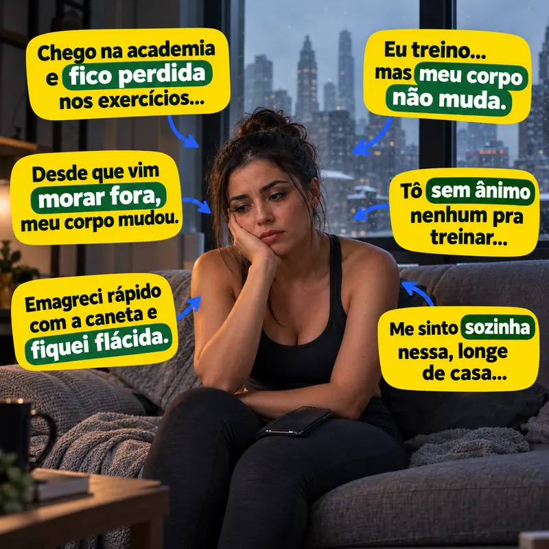 Você se identifica? Fica perdida na academia, o corpo não muda, mudou depois que foi morar fora, sem ânimo, flácida depois da caneta, sozinha longe de casa