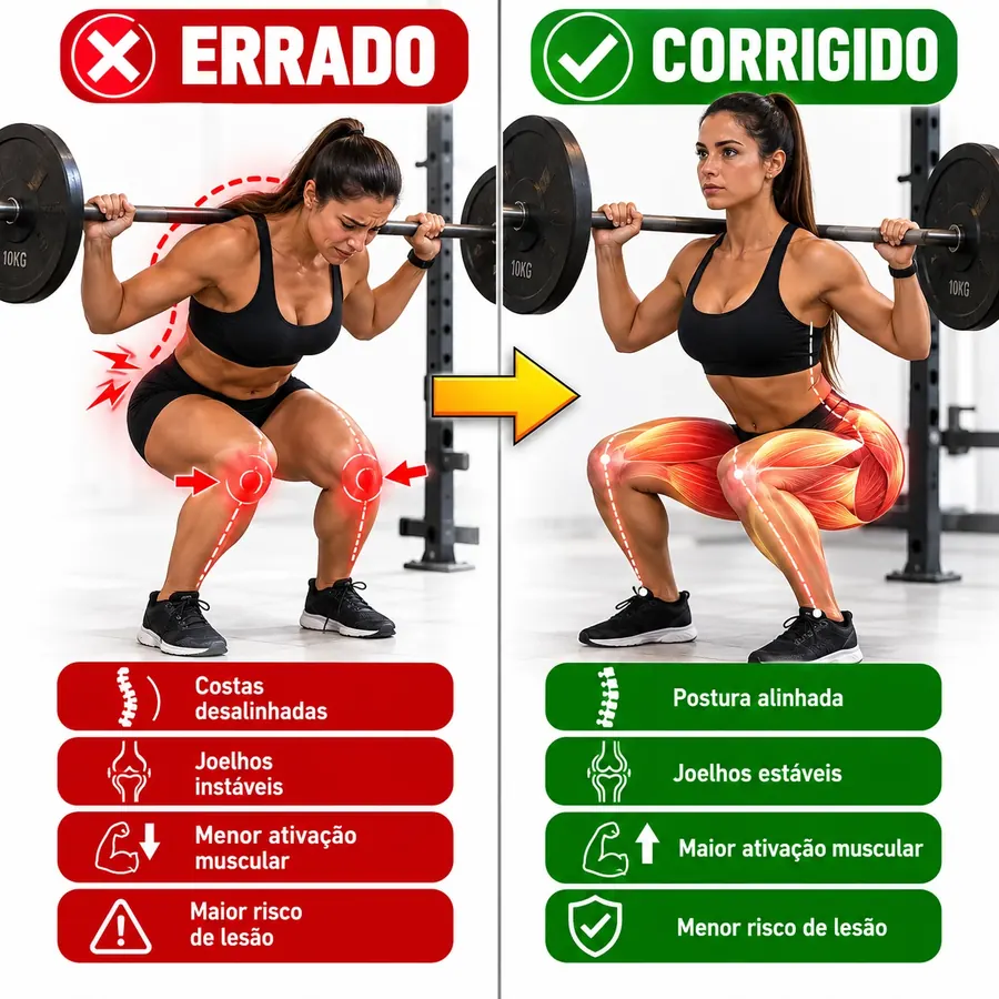 Comparação entre agachamento executado errado e corrigido